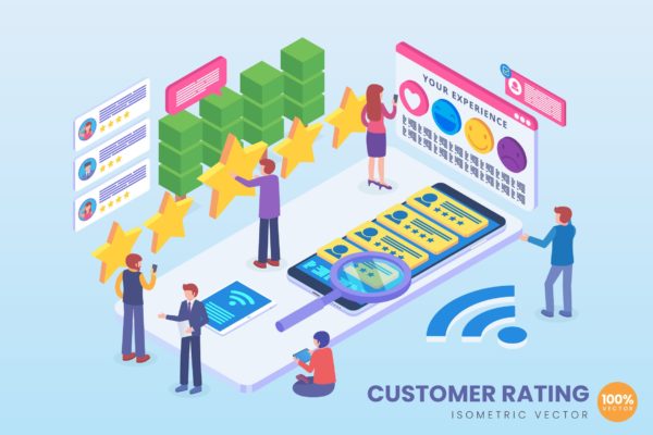 客户评级技术等距矢量大洋岛精选科技概念插画 Isometric Customer Rating Technology Vector