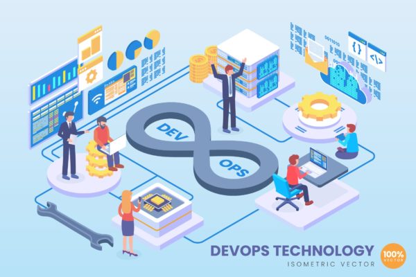 DevOps技术等距矢量科技大洋岛精选概念插画 Isometric DevOps Technology Vector Concept