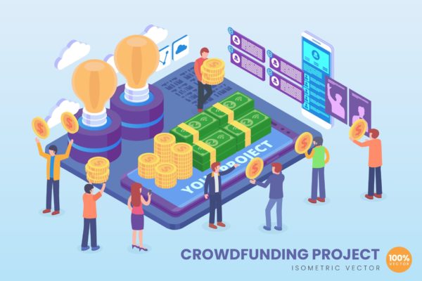 众筹项目主题等距矢量大洋岛精选科技概念插画 Isometric Crowdfunding Project Vector Concept