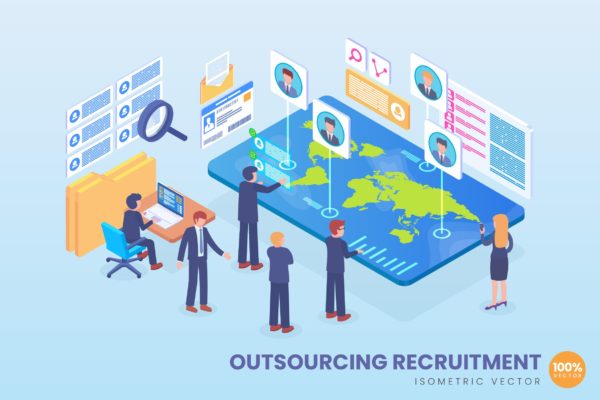 外包招聘劳务派遣主题等距矢量大洋岛精选概念插画 Isometric Outsourcing Recruitment Vector Concept