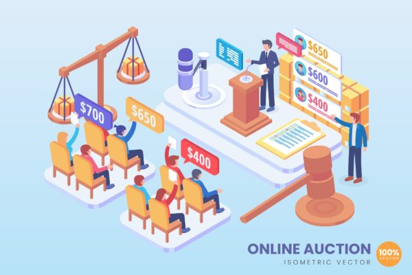 在线拍卖主题等距矢量大洋岛精选概念插画 Isometric Online Auction Vector Concept