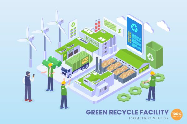 绿色循环环保工厂场景等距矢量科技大洋岛精选概念插画v1 Isometric Green Recycle Facility Vector Concept