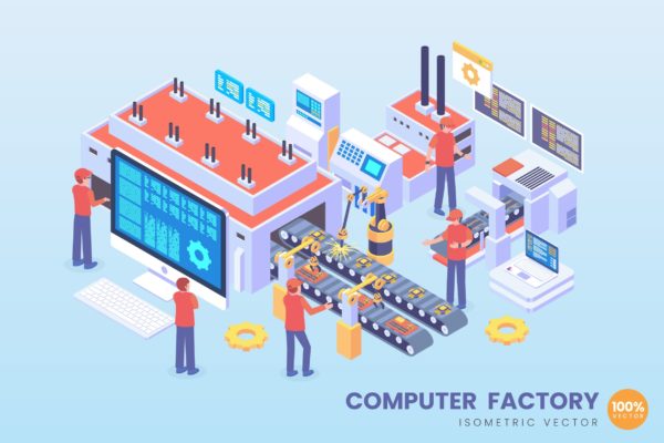 计算机工厂等距矢量科技大洋岛精选概念插画v1 Isometric Computer Factory Vector Concept