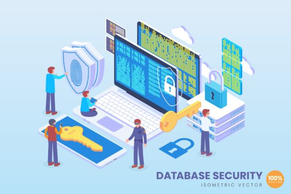 数据库安全等距矢量科技大洋岛精选概念插画v1 Isometric Database Security Vector Concept