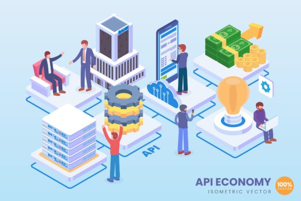 API经济技术等距矢量大洋岛精选科技概念插画 Isometric API Economy Technology Vector Concept