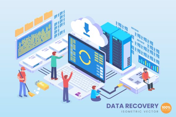 数据恢复技术等距矢量科技大洋岛精选概念插画v2 Isometric Data Recovery Vector Concept