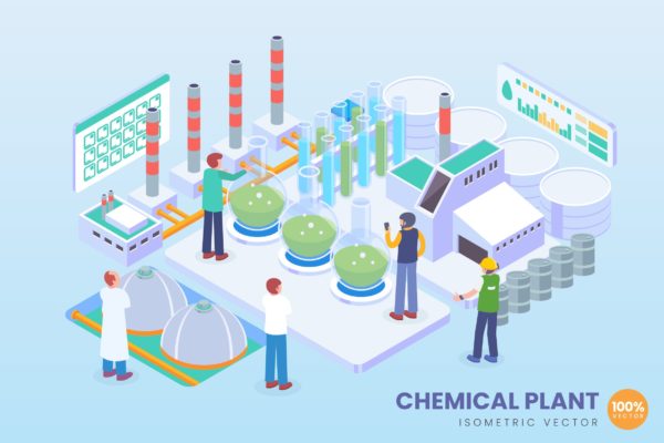 创新型化工厂等距矢量科技大洋岛精选概念插画v1 Isometric Chemical Plant Vector Concept