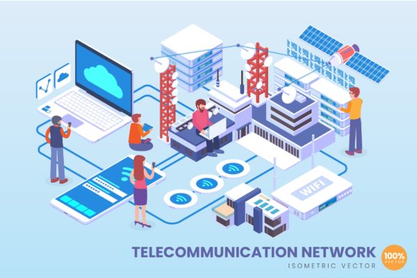 电信网络技术等距矢量科技大洋岛精选概念插画v1 Isometric Telecommunication Network Vector Concept
