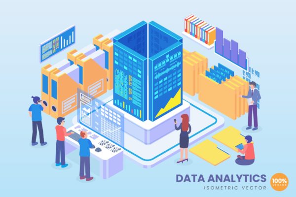 数据分析技术等距矢量科技大洋岛精选概念插画v1 Isometric Data Analytics Vector Concept