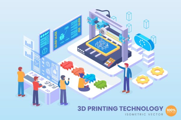 3D打印技术等距矢量科技大洋岛精选概念插画v1 Isometric 3D Printing Technology Vector Concept