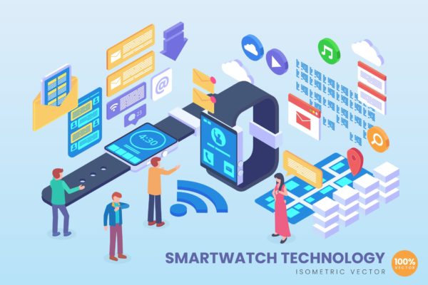智能手表技术等距矢量大洋岛精选科技概念插画 Isometric Smart Watch Technology Vector Concept