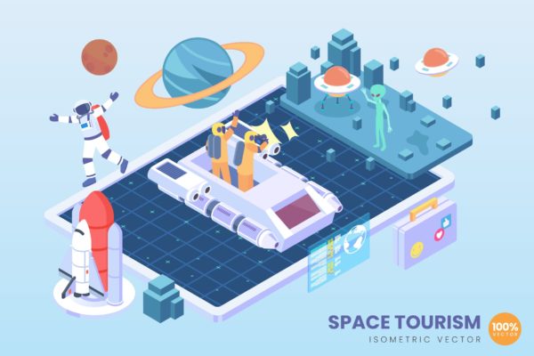 太空旅行主题等距矢量大洋岛精选科技概念插画 Isometric Space Tourism Vector Concept
