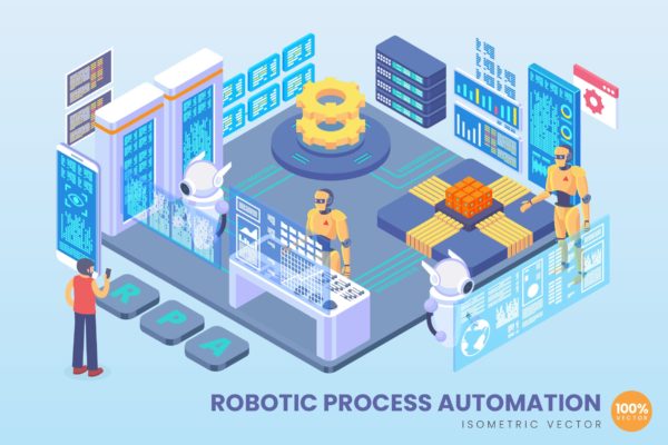 机器人自动化生产技术等距矢量大洋岛精选科技概念插画 Isometric Robotic Process Automation Vector
