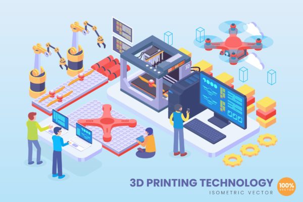 3D打印技术等距矢量科技大洋岛精选概念插画v2 Isometric 3D Printing Technology Vector Concept