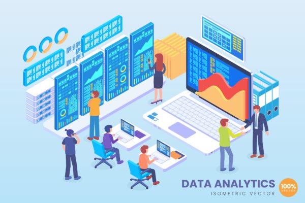数据分析技术等距矢量科技大洋岛精选概念插画v2 Isometric Data Analytics Vector Concept