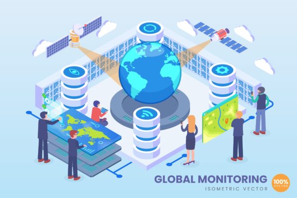 全球监测技术等距矢量大洋岛精选科技概念插画 Isometric Global Monitoring Technology Vector