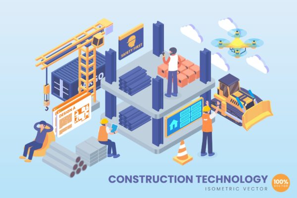 现代施工技术等距矢量科技大洋岛精选概念插画 Isometric Construction Technology Vector Concept