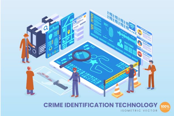 犯罪识别技术等距矢量大洋岛精选科技概念插画v1 Isometric Crime Identification Technology Vector