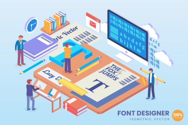 字体设计主题等距矢量大洋岛精选科技概念插画 Isometric Font Designer Vector Concept