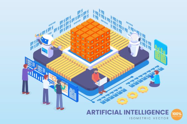未来人工智能技术等距矢量科技大洋岛精选概念插画v2 Isometric Artificial Intelligence Vector Concept