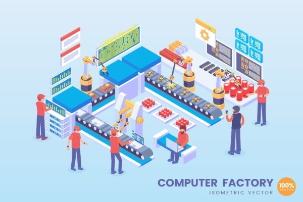 计算机工厂等距矢量科技大洋岛精选概念插画v2 Isometric Computer Factory Vector Concept