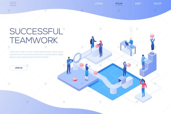 团队合作场景网站Banner设计等距大洋岛精选概念插画素材 Successful teamwork – isometric web banner