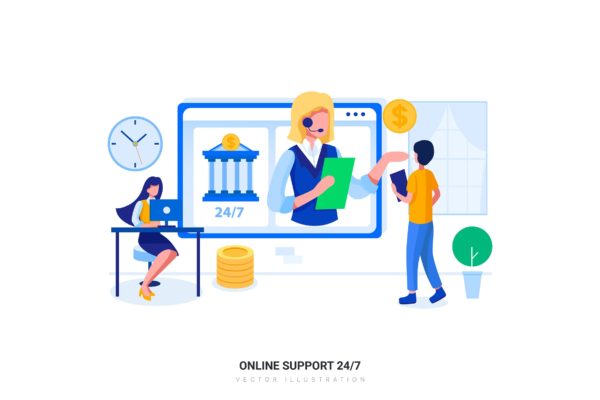 24小时在线服务业务场景扁平化矢量大洋岛精选概念插画素材 Online Support 24/7 Flat Illustration concept