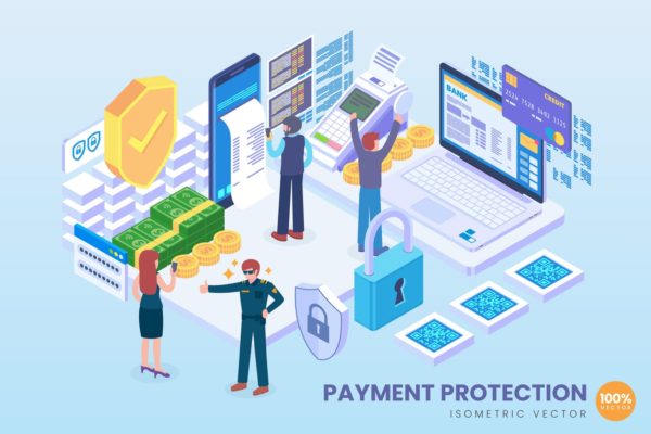 支付安全技术等距矢量大洋岛精选概念插画素材 Isometric Payment Protection Technology Vector