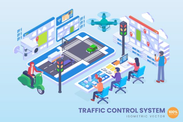 交通控制系统等距矢量大洋岛精选概念插画素材 Isometric Traffic Control System Vector Concept