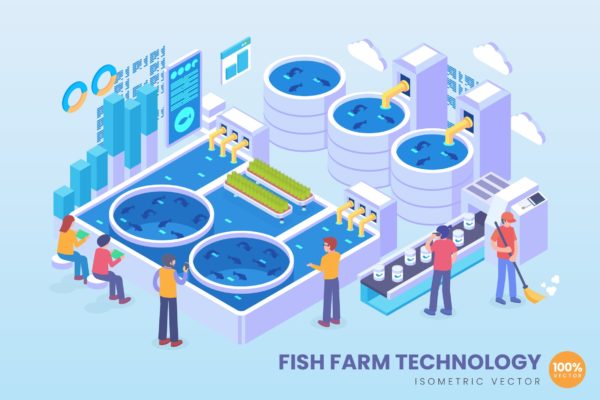 现代化养鱼技术等距矢量大洋岛精选概念插画素材 Isometric Fish Farm Technology Vector Concept