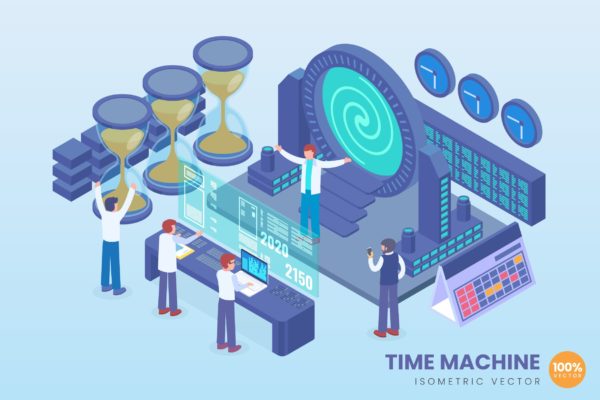 时间机器技术等距矢量大洋岛精选概念插画素材 Isometric Time Machine Technology Vector Concept