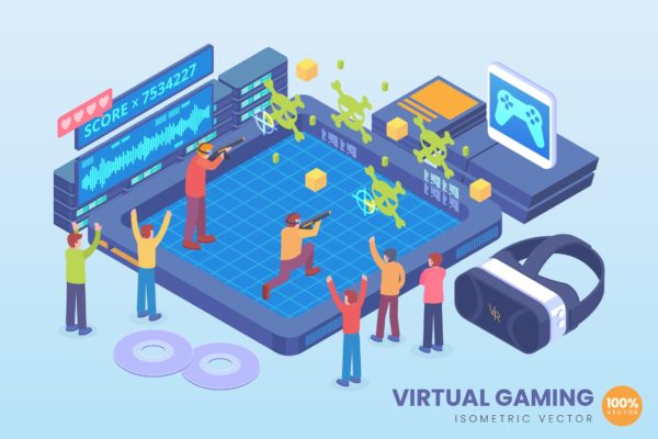 虚拟游戏技术等距矢量大洋岛精选概念插画素材 Isometric Virtual Gaming Technology Vector Concept