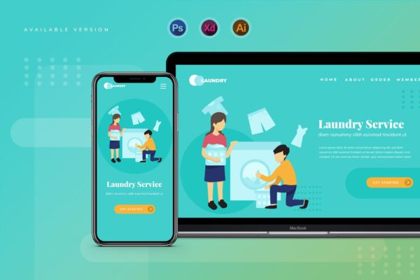 洗衣服务主题网站Banner&着陆页设计矢量插画 Laundry Service – Banner & Landing Page