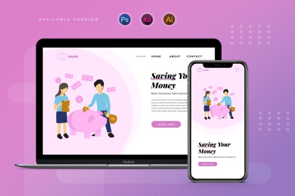 存钱计划主题网站Banner&着陆页设计矢量插画 Piggy Bank Saving Money – Banner & Landing Page
