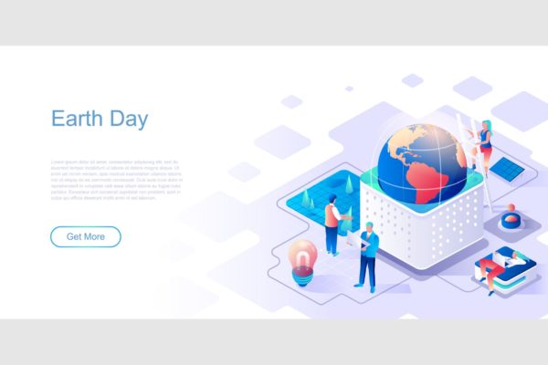 地球日主题扁平化网站设计等距大洋岛精选概念插画 Earth Day Isometric Flat Concept Header