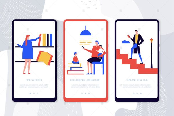 在线阅读APP应用引导页屏幕界面大洋岛精选概念插画 Online reading onboarding screens cartoon concept