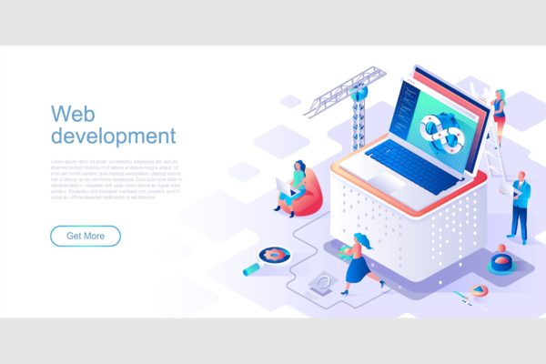 Web开发主题网站等距扁平风大洋岛精选概念插画 Web Development Isometric Flat Concept Header