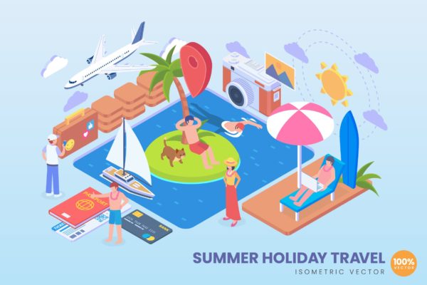 暑假旅行旅游主题等距大洋岛精选概念插画 Isometric Summer Holiday Vector Concept