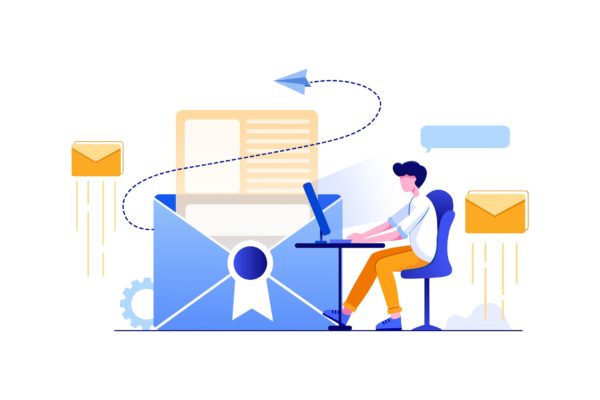 电子邮件营销主题矢量插画素材 The marketer in front of the screen sending email
