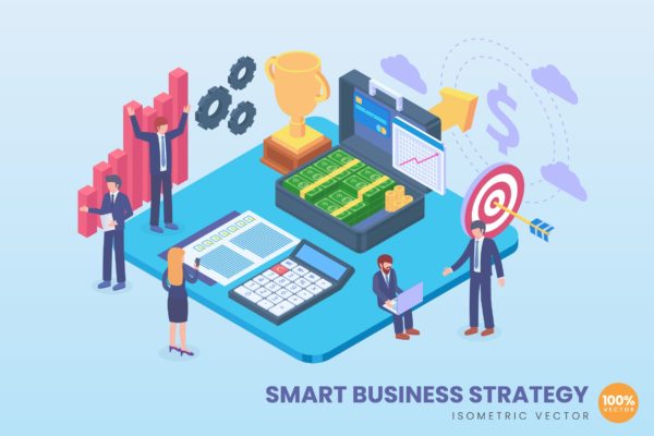 智能商业战略主题等距大洋岛精选概念插画 Isometric Smart Business Strategy Vector Concept