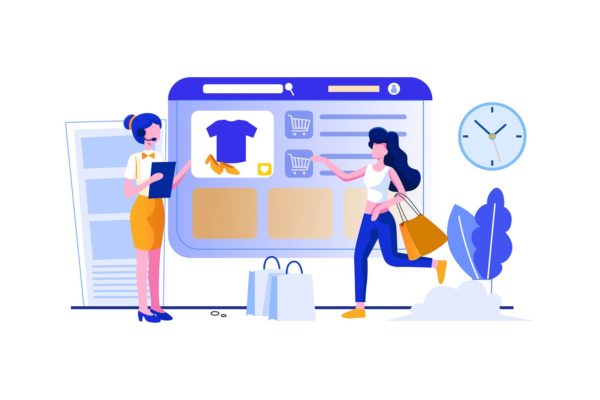 销售人员/导购员人物形象矢量插画素材 Sales staff guiding customer how to shopping