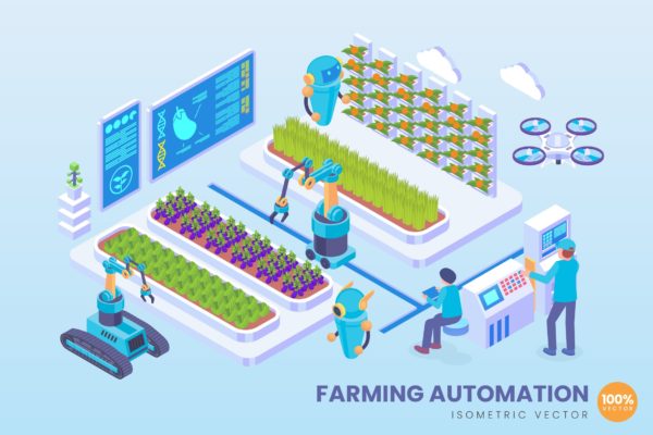 有机农业自动化科技主题等距矢量大洋岛精选概念插画素材 Isometric Organic Farming Automation Vector