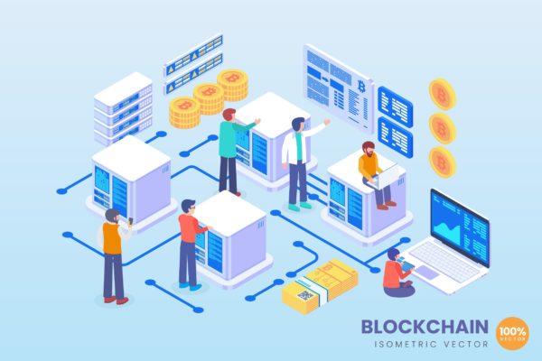 区块链技术主题等距矢量大洋岛精选概念插画素材 Isometric Blockchain Technology Vector Concept
