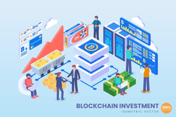 区块链投资主题等距矢量大洋岛精选概念插画素材 Isometric Blockchain Investment Vector Concept