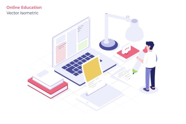 在线教育主题矢量等距大洋岛精选概念插画素材 Online Education – Vector Illustration