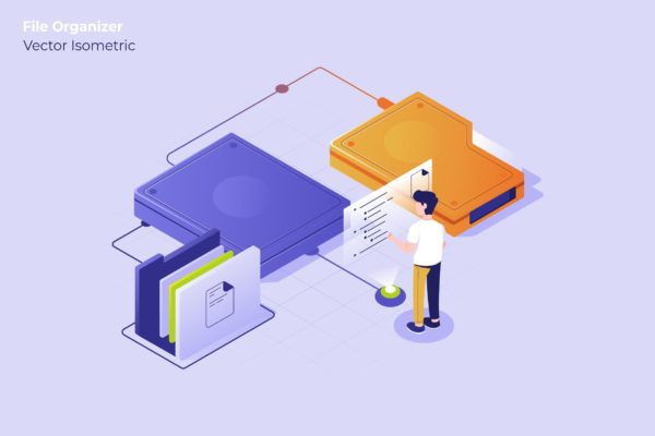 文件管理器矢量等距大洋岛精选概念插画素材 File Organizer – Vector Illustration