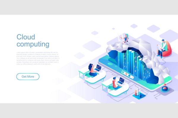 云计算主题网站设计等距大洋岛精选概念插画 Cloud Computing Isometric Flat Concept Header