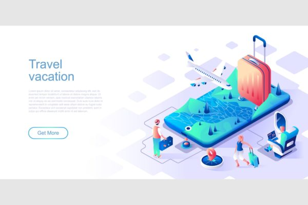 旅行度假主题网站设计等距大洋岛精选概念插画 Travel Vacation Isometric Flat Concept Header
