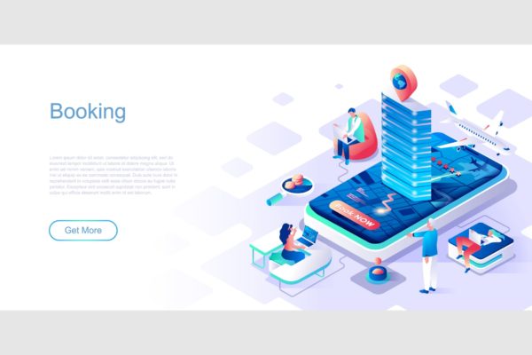 在线出行预订主题网站设计等距大洋岛精选概念插画 Booking Isometric Flat Concept Header