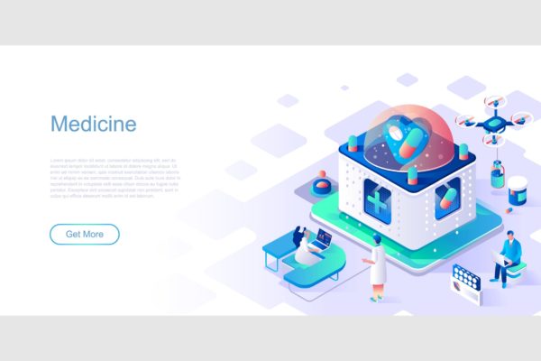 未来医医疗科技主题网站设计等距大洋岛精选概念插画 Medicine Isometric Flat Concept Header